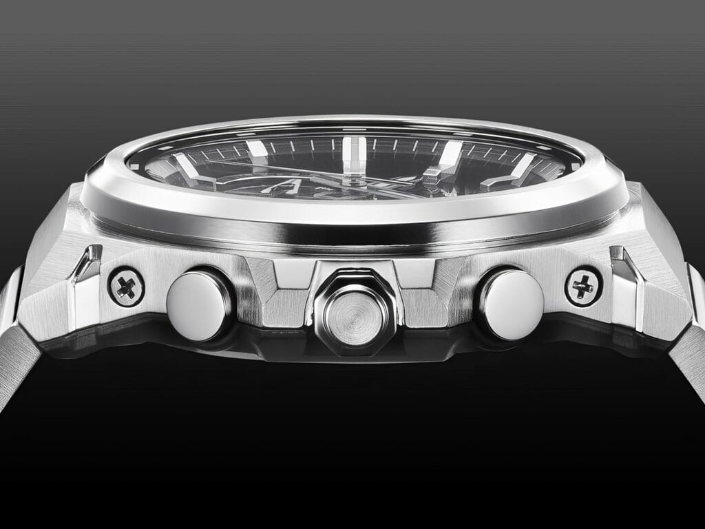 Casio G-SHOCK G-STEEL Line of Watches: 6 New GST-B1000D Pros 3 Stainless steel men's luxury watch with chronograph features, close-up shot highlighting sleek design and craftsmanship.