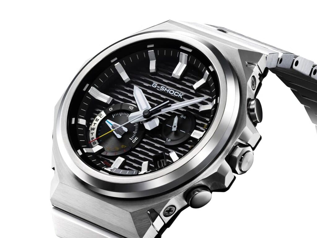 Casio G-SHOCK G-STEEL Line of Watches: 6 New GST-B1000D Pros 6 Sleek stainless steel G-Shock wristwatch with black textured dial, multiple chronograph features, and modern design.