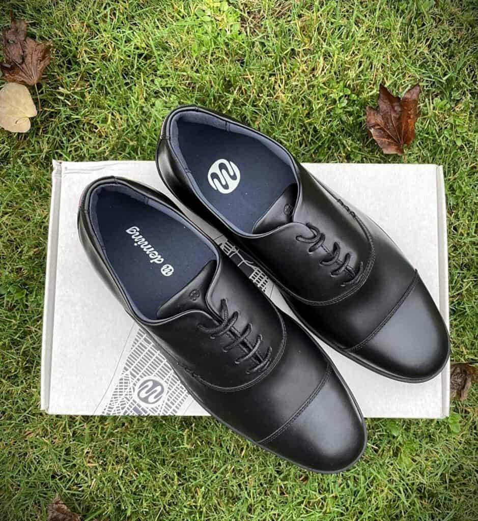 Deming Recovery 'The Westsider' Shoes Review 8 Black leather dress shoes on a white box, placed outdoors on green grass.