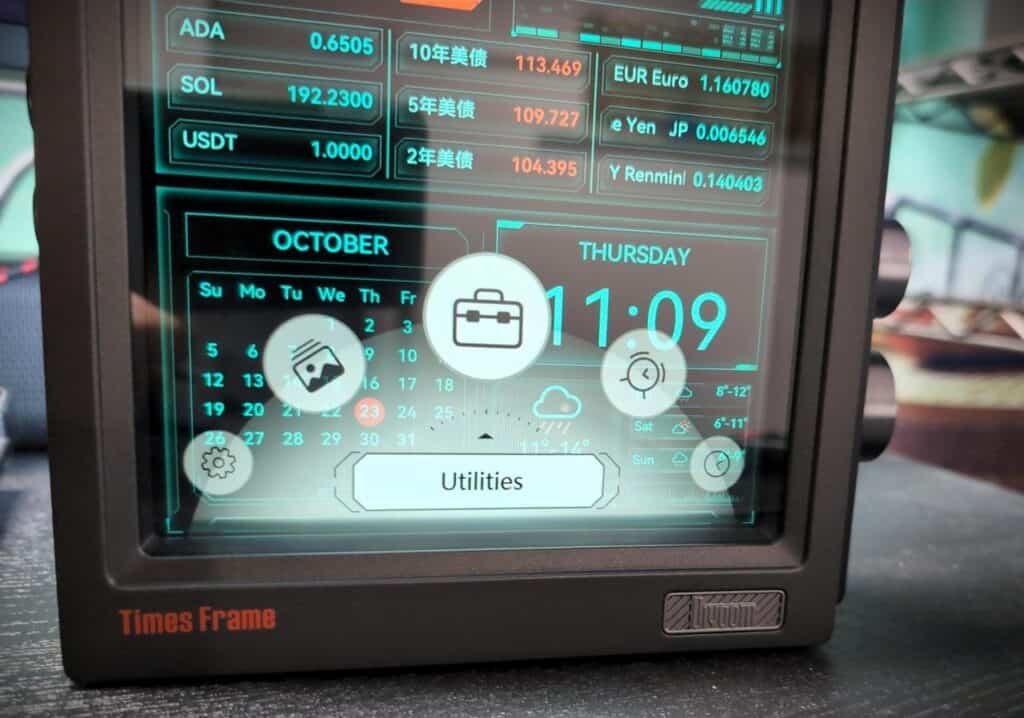 Divoom Times Frame Review 9 Digital smart home thermostat displaying weather, calendar, and financial data, incorporating futuristic interface design for modern living, technology, and automation enthusiasts.