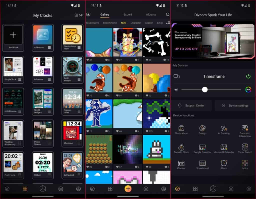 Divoom Times Frame Review 4 Clocks and widgets customization on a mobile app interface for digital timepieces and display features.