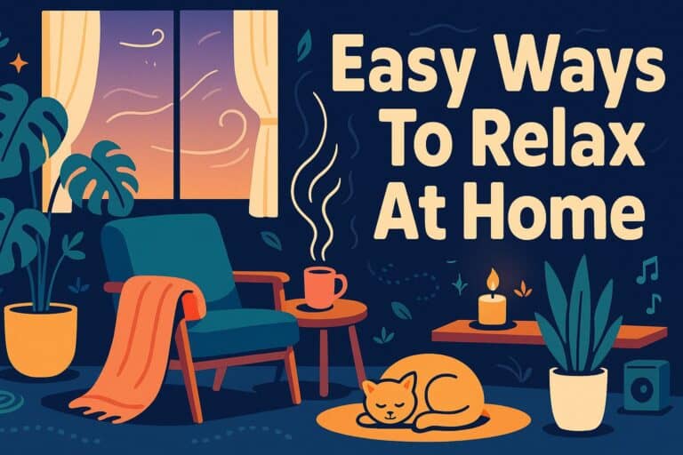 Relaxing at home with cozy furniture, warm candlelight, steaming coffee, indoor plants, and calming decor, perfect for unwinding and stress relief.