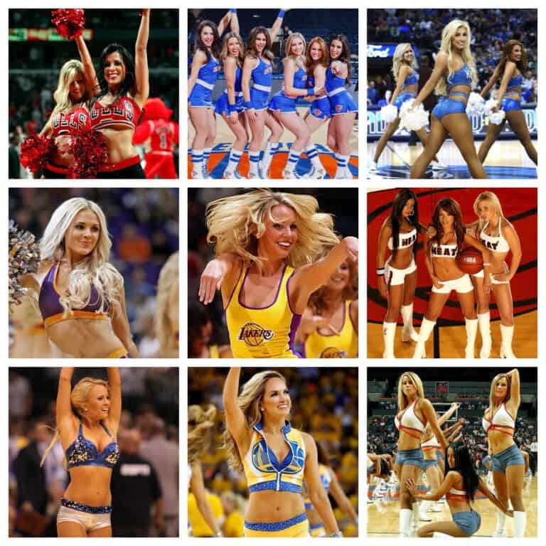 Cheerleading squad performing routines at basketball game for sports entertainment and team spirit.