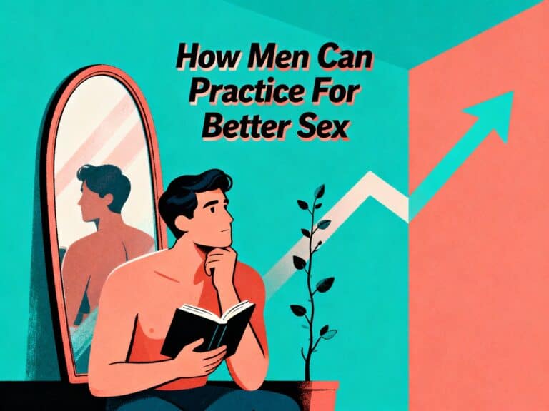 Reflective man reading a book while contemplating self-improvement in front of a mirror with a motivational background about practicing for better sex.