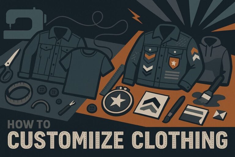 Custom military-style denim jacket with patches and badges, surrounded by clothing customization tools like scissors, buttons, and fabric patches, emphasizing DIY fashion and personalized style.