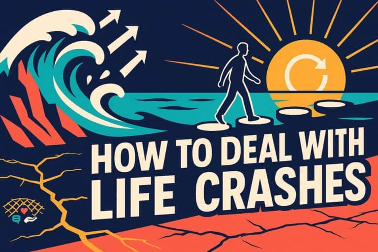 Powerful waves crashing on rocks with a person walking on a path towards a setting sun, symbolizing navigating life challenges and crashes. Perfect for self-help, mental resilience, and personal growth content.