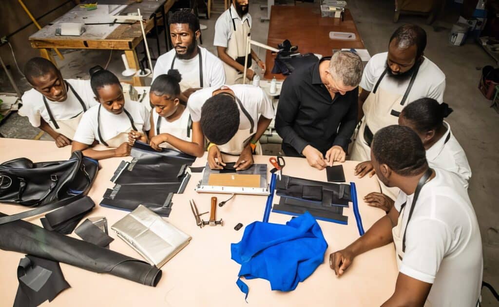 Stylish Shotgun Wallet for Him—A Collaboration by Deux Mains and Billy Billingham 6 LearnCraftsmen working together in a workshop teaching leather crafting skills, focusing on professional craftsmanship, team collaboration, and creative leatherwork projects.