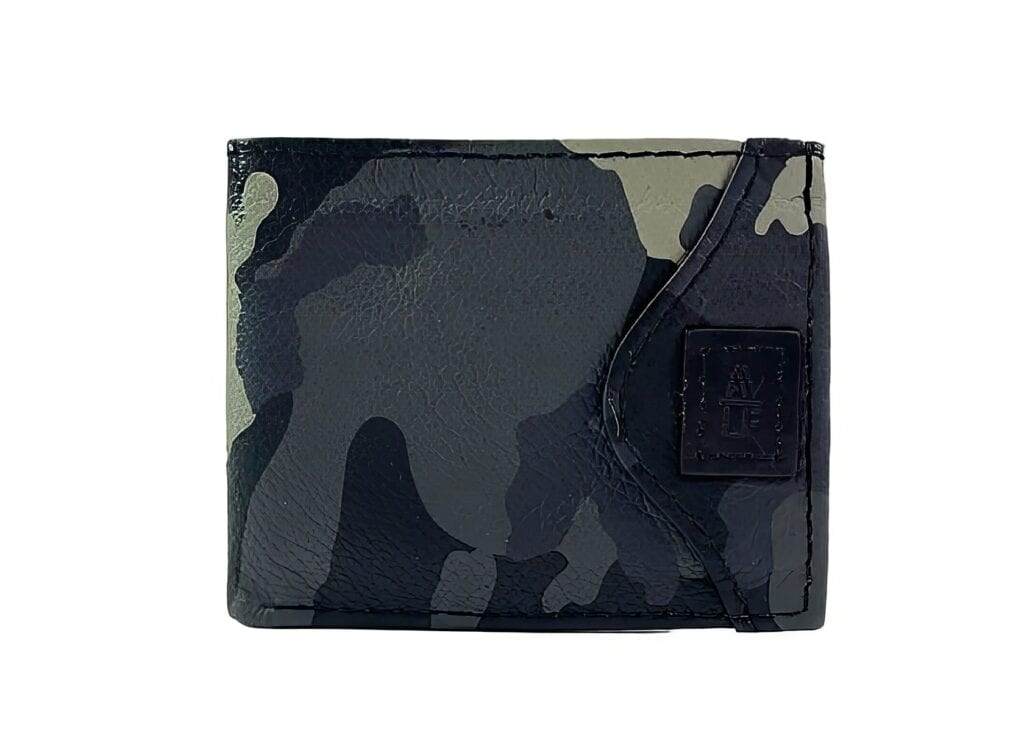 Stylish Shotgun Wallet for Him—A Collaboration by Deux Mains and Billy Billingham 2 Black camouflage-patterned leather men's wallet with card slots and stitching details.