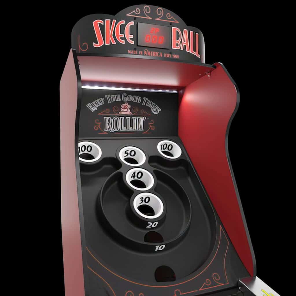 Skee-Ball Premium: 7 Essential Features, Setup & Reviews 3 A carnival-style skee ball arcade game with a black and red design, featuring multiple scoring holes and a digital display at the top.