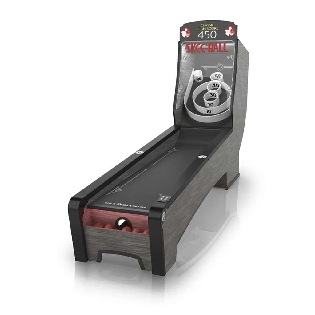 Skee-Ball Premium: 7 Essential Features, Setup & Reviews 4 Skee-Ball arcade game machine with classic high score display and basketball-themed target rings, perfect for gaming enthusiasts and amusement centers.