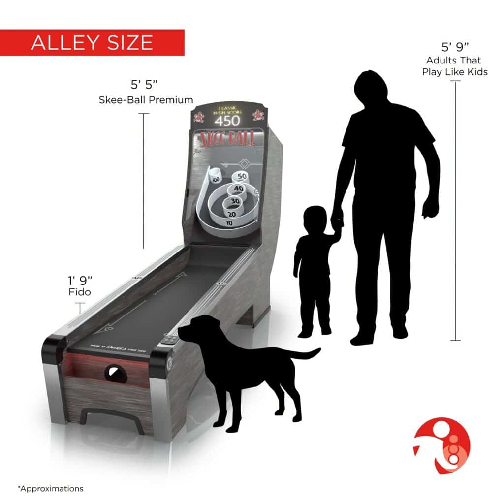 Skee-Ball Premium: 7 Essential Features, Setup & Reviews 5 Skee-Ball arcade game height comparison with adults, children, and a dog, illustrating size differences and fun recreational activities for family entertainment.