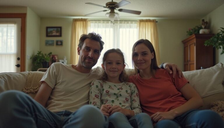 Relaxed family sitting on sofa in living room with natural light, showcasing family bonding and cozy home atmosphere.