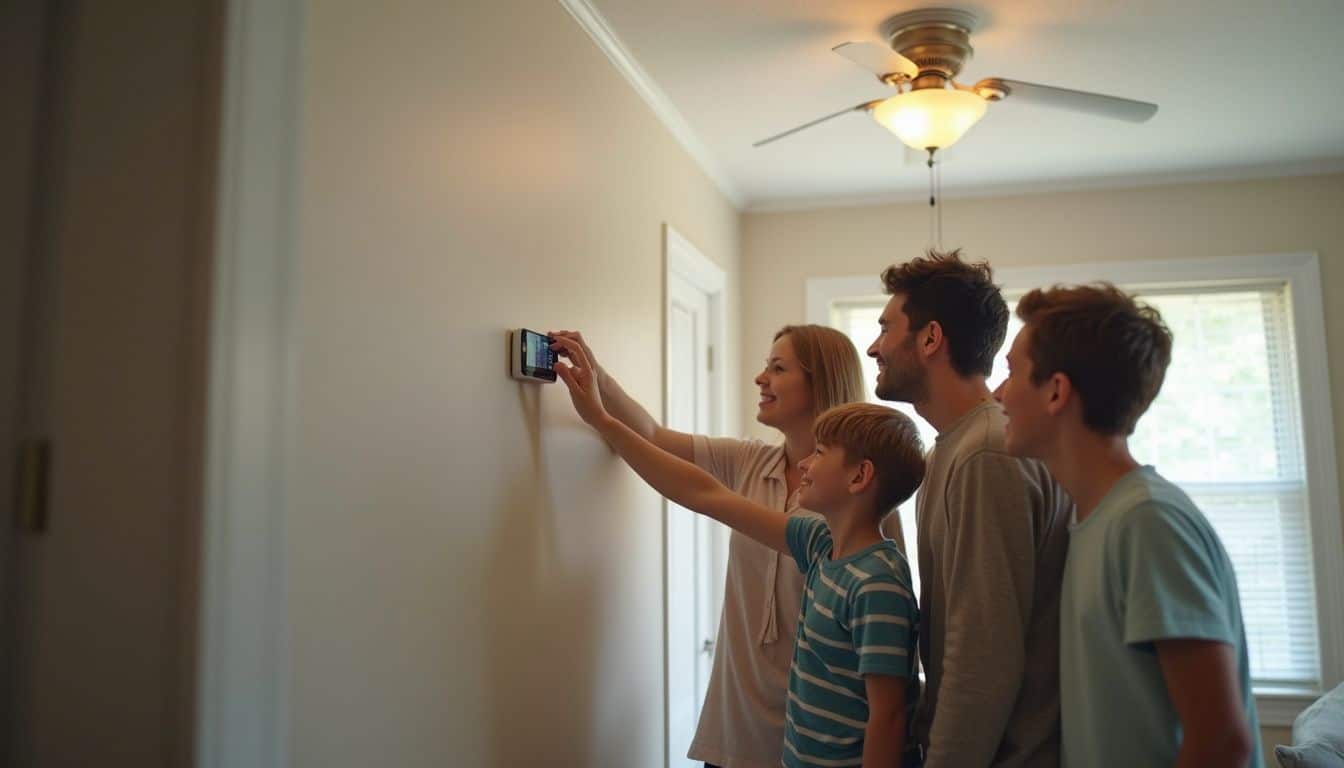 Happy family taking a selfie with smartphone on wall indoors, smiling and having fun together.