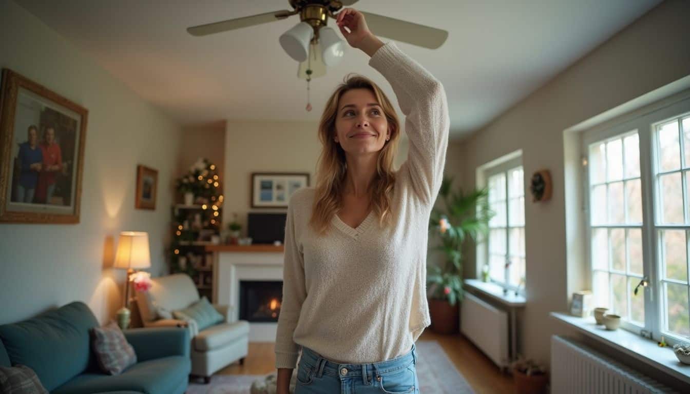 Cozy woman smiling and stretching in a bright living room with natural sunlight, decorated for Christmas, emphasizing relaxation, comfort, and festive holiday atmosphere.