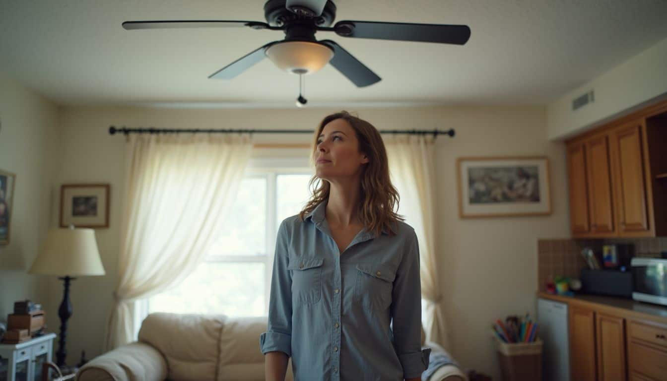 Relaxed woman standing in a cozy living room with natural light, modern decor, and warm atmosphere—perfect for lifestyle and home comfort keywords.