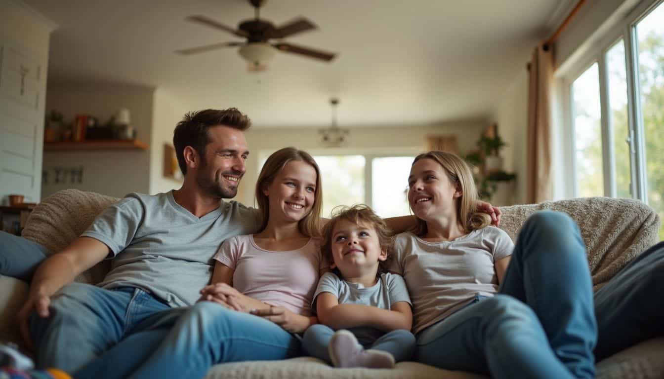 Smiling family relaxing together on sofa in living room, enjoying quality time, happy parents and children, cozy home environment, natural light, family bonding, comfortable house setting, happiness and togetherness.