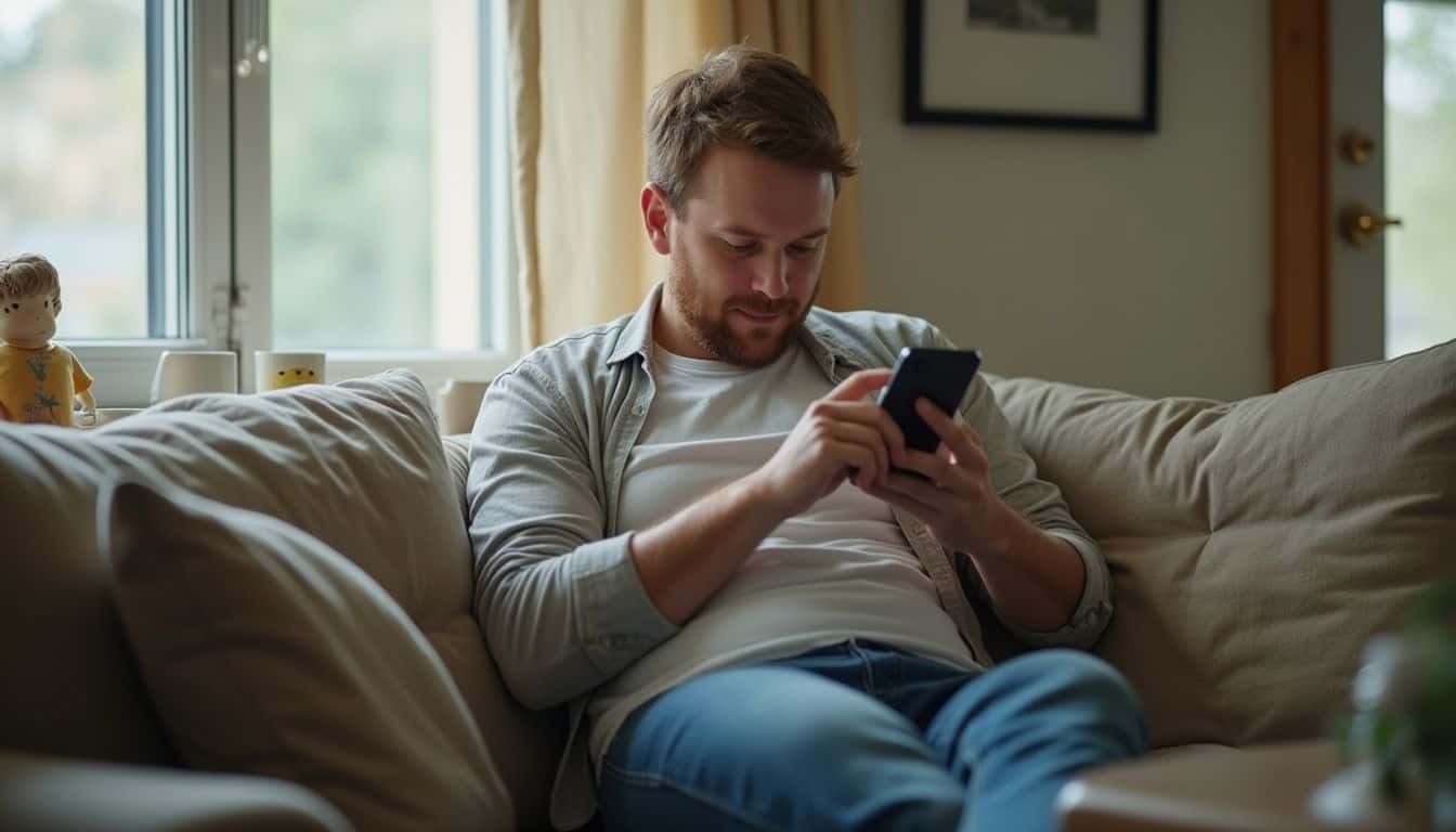 Man sitting on a beige couch using a smartphone in a cozy living room setting.
