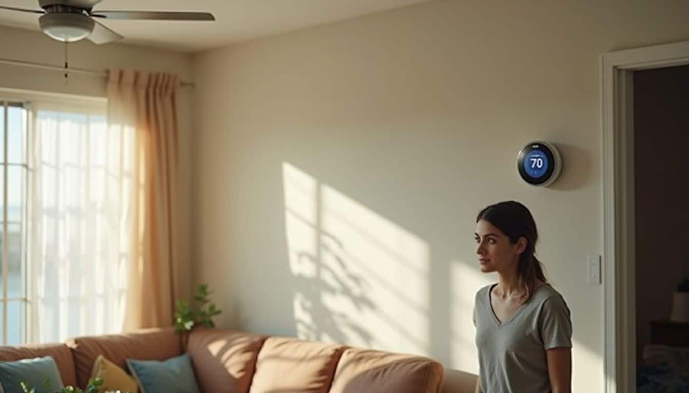 Smart Home Thermostat Display in Living Room with Woman Practicing Yoga or Meditation.