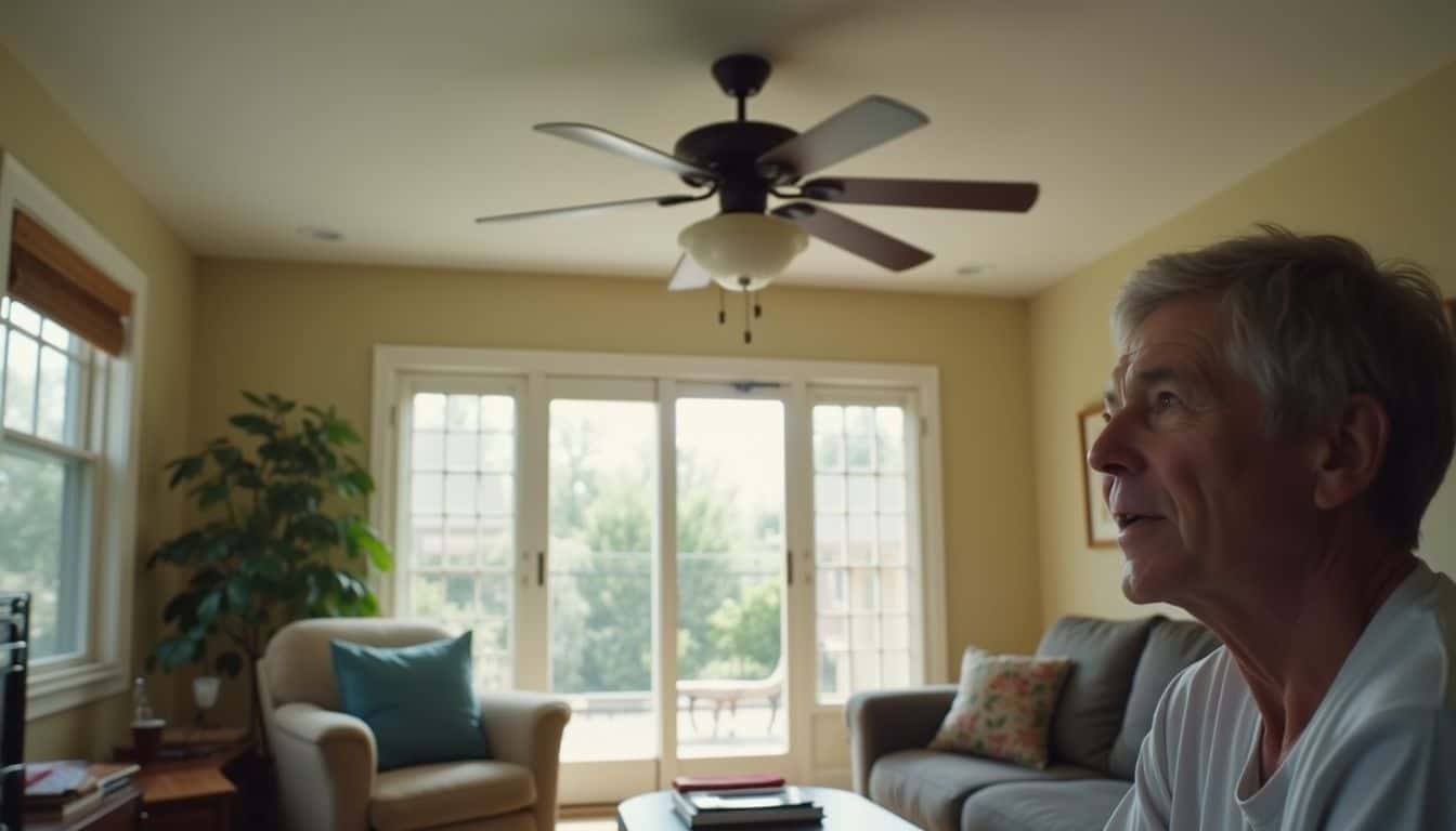Peaceful living room with large windows and a relaxed atmosphere featuring a senior man enjoying a moment at home.