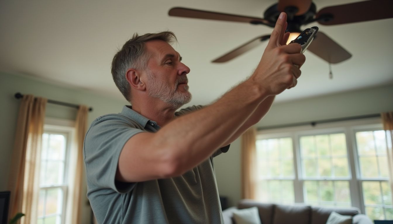 A middle-aged man installs an LED light kit on a ceiling fan while holding a remote control.