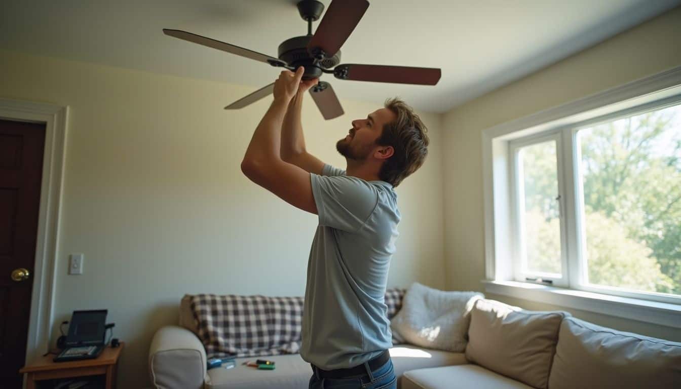 Ceiling fan installation by a young man in a cozy living room, demonstrating home improvement and handyman skills. Bright natural light from large window highlights a relaxed, modern home environment.