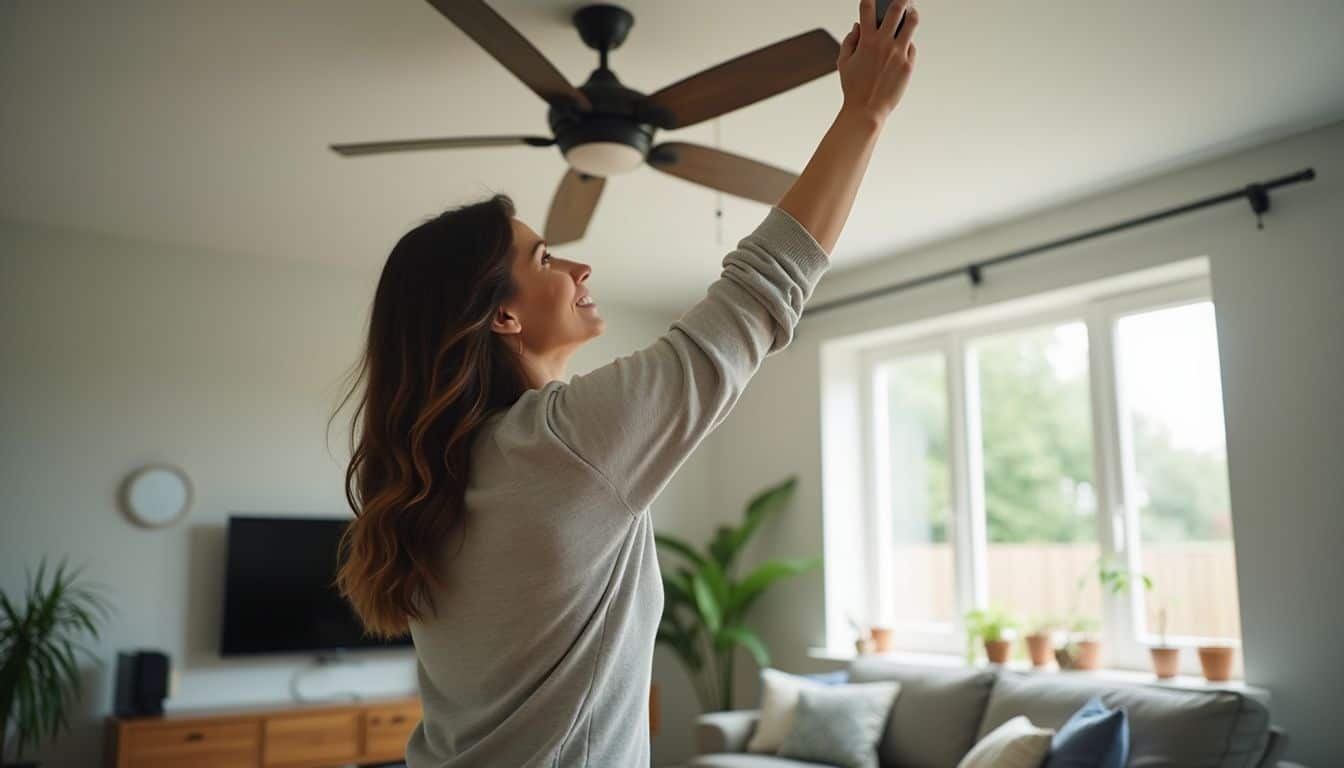 Enjoying a sunny day at home, a woman reaches up to switch on a ceiling fan in her modern living room with natural light and cozy decor.