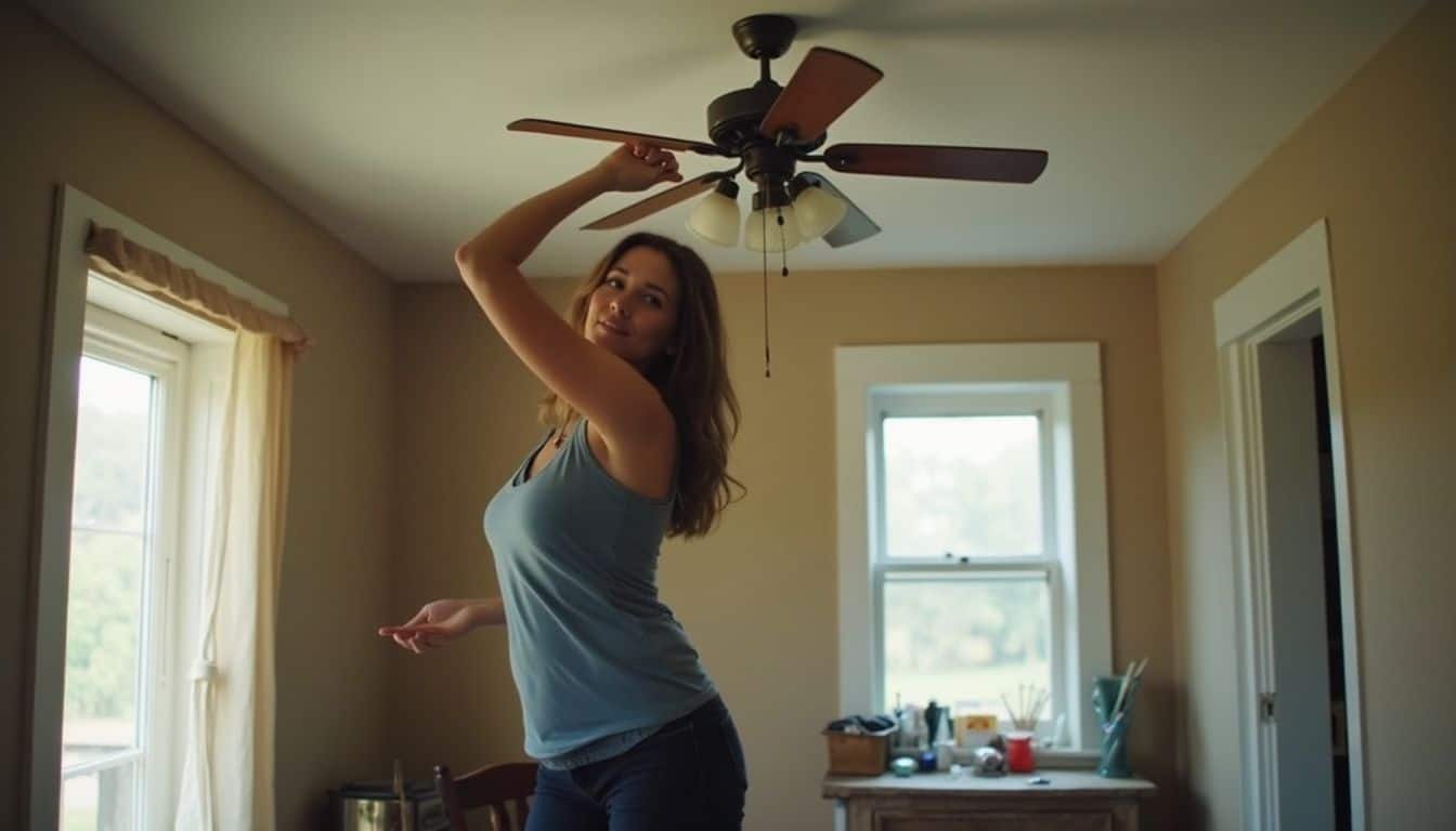 Ceiling fan installation, woman installing ceiling fan, bedroom interior, home decor, interior design, modern home, ceiling fan upgrade, DIY home improvement, cozy bedroom setting, natural lighting, Unfinished Man style.