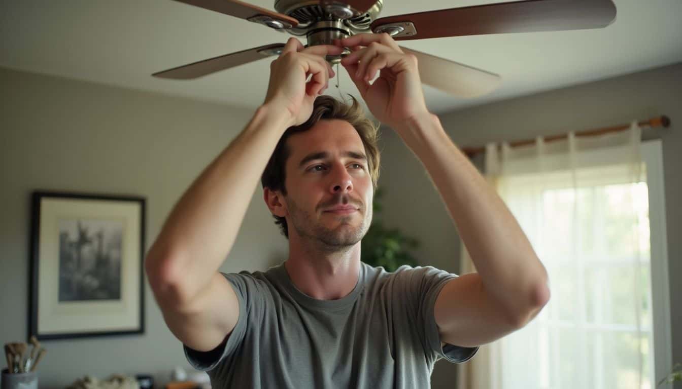 Ceiling fan installation by a young man in a living room, demonstrating handyman skills and home improvement activities, with natural light and modern decor.