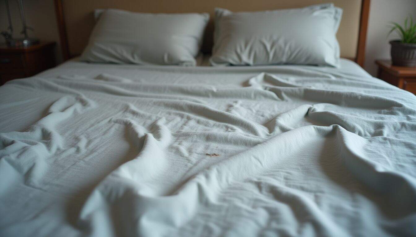 A wrinkled light gray sheet with stains is casually tossed on a cozy, lived-in bed. Disheveled white bed with rumpled sheets and pillows in a cozy bedroom environment.