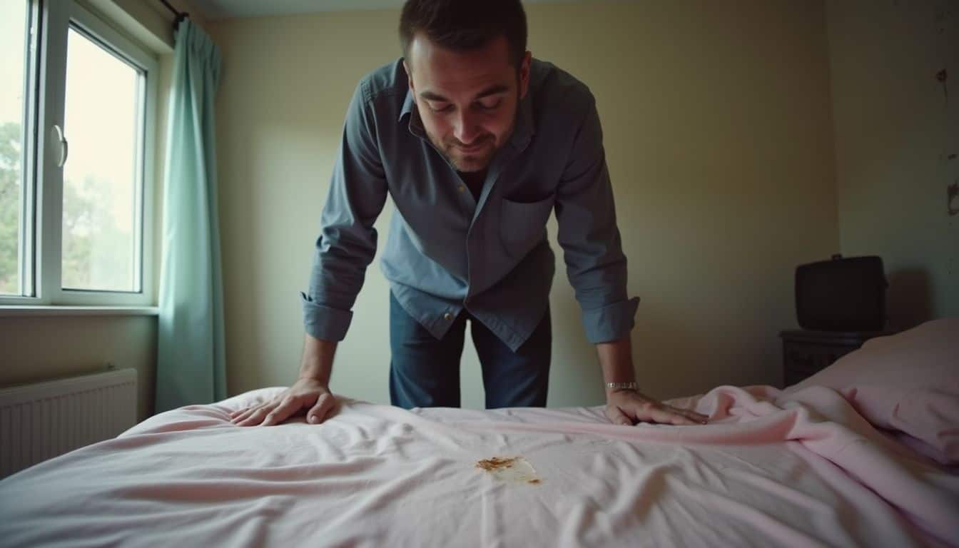 A casually dressed man in his 30s examines a stained light pink bedsheet in a lived-in bedroom. Dirty bed stain, man inspecting bed mess, unclean bedroom, bedroom hygiene issue, bed linen stain, unclean bedding.