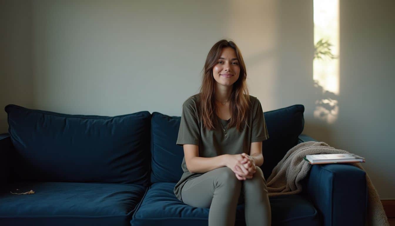 A relaxed woman in her 30s sits on a lived-in velvet sofa in a cozy, slightly cluttered room. Relaxed woman sitting on navy blue sofa in modern living room, casual lifestyle image, natural light, Unfinished Man, men's lifestyle and grooming content, confident and approachable.