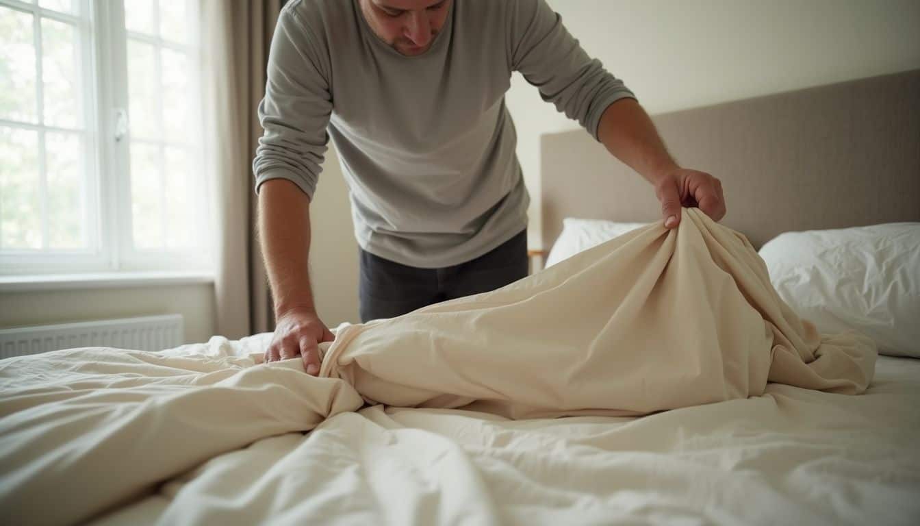 A middle-aged man is casually changing beige sheets on a bed in a cozy, lived-in room. Wrangling fresh sheets on a cozy bed in well-lit bedroom interior.