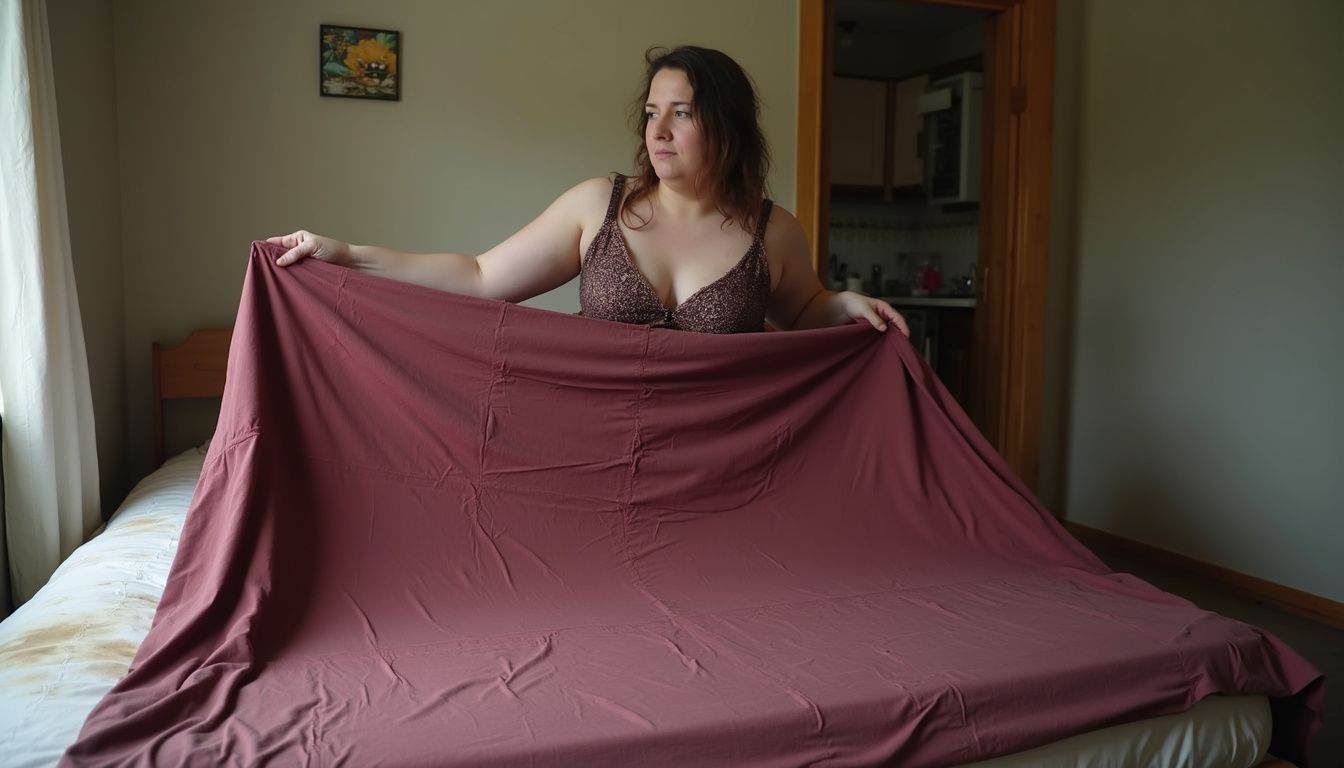 A woman in her 30s is flipping a worn dark red sheet over a stained bed in a casual bedroom. Flower art hanging on wall behind woman in room, domestic interior, cozy bedroom setting.