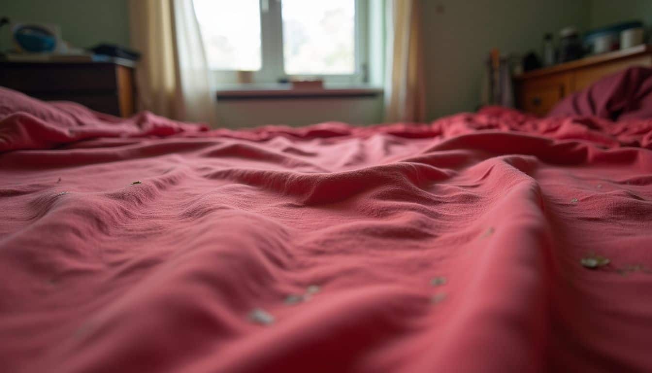 A close-up of a worn red sheet with stains, reflecting a lived-in, everyday atmosphere. Disorganized pink bedspread with small scattered debris on bed in a bedroom with window and wooden furniture.