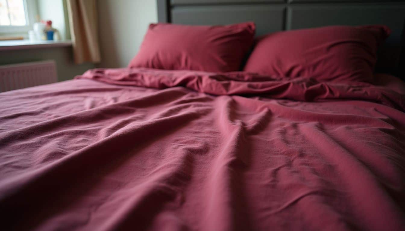 A maroon bedsheet on a slightly messy bed reflects a cozy and lived-in bedroom atmosphere. Luxurious pink bed with rumpled sheets and matching pillows in a cozy bedroom setting, natural light from window, minimalist decor, inviting and comfortable bedroom atmosphere, Unfinished Man style.