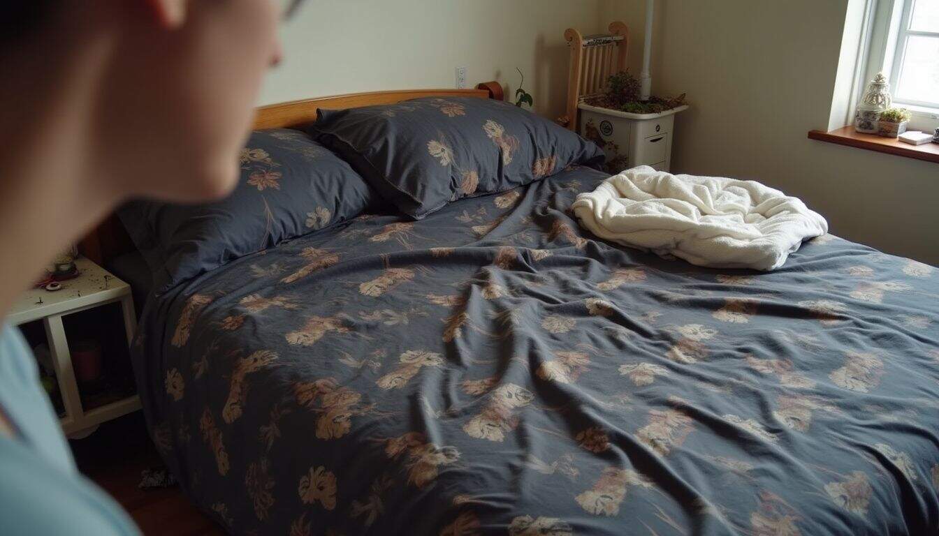 A messy bed with a patterned duvet and scattered items reflects a lived-in, casual bedroom atmosphere. A cozy bedroom with a neatly made bed featuring dark floral bedding, soft pillows, a folded blanket, and natural light coming through a window, creating a relaxing and inviting atmosphere.