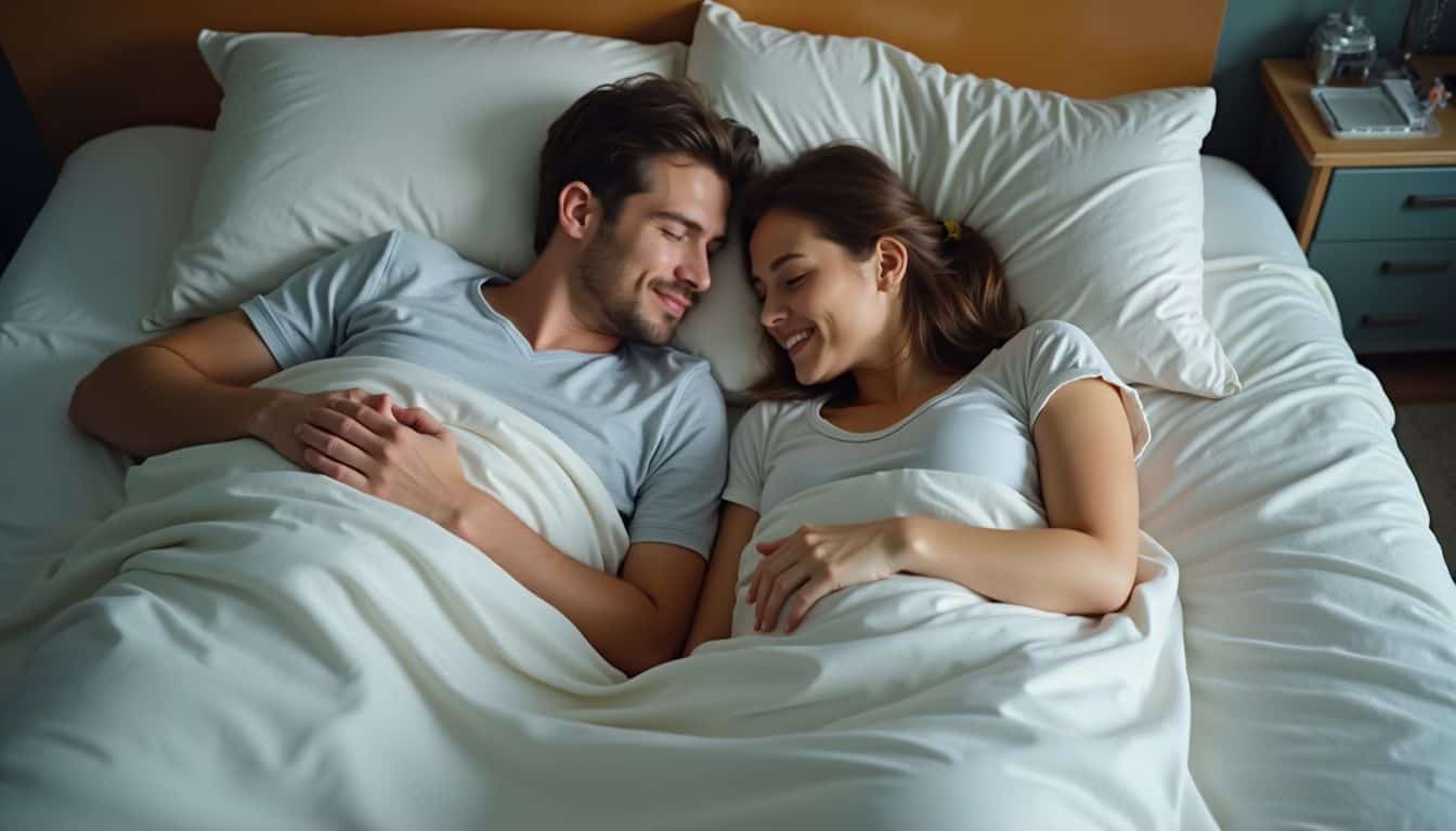 A couple in their mid-30s is napping together on a king-sized bed with casual surroundings. Relaxed young couple lying in bed, smiling, enjoying morning together in cozy bedroom.