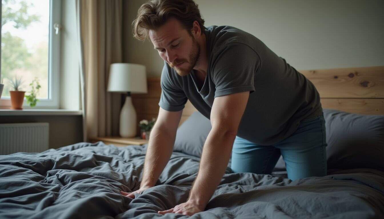 A man in his 30s is casually tidying his slightly rumpled bed in a familiar, cluttered bedroom. Man making bed in bedroom with natural light from window, casual home interior, masculine lifestyle.