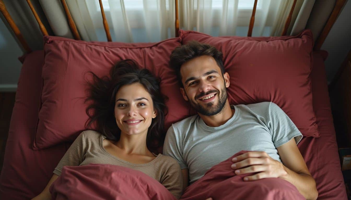 A relaxed couple in their 30s lies in a lived-in bedroom, enjoying a casual moment together. Comfortable couple lying on bed in bedroom smiling with pillows and sunlight in background, cozy relaxed atmosphere, confirming content with intimate bedroom setting for Unfinished Man SEO images.
