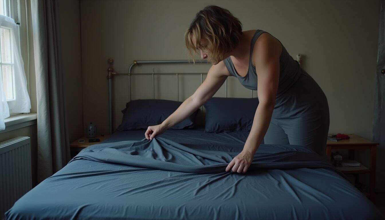 A woman in her 30s casually makes her bed, adjusting the navy sheet with a relaxed demeanor. Sunlit bedroom scene with a woman making a bed, dressed in gray sleepwear, emphasizing cozy home environment and personal care.