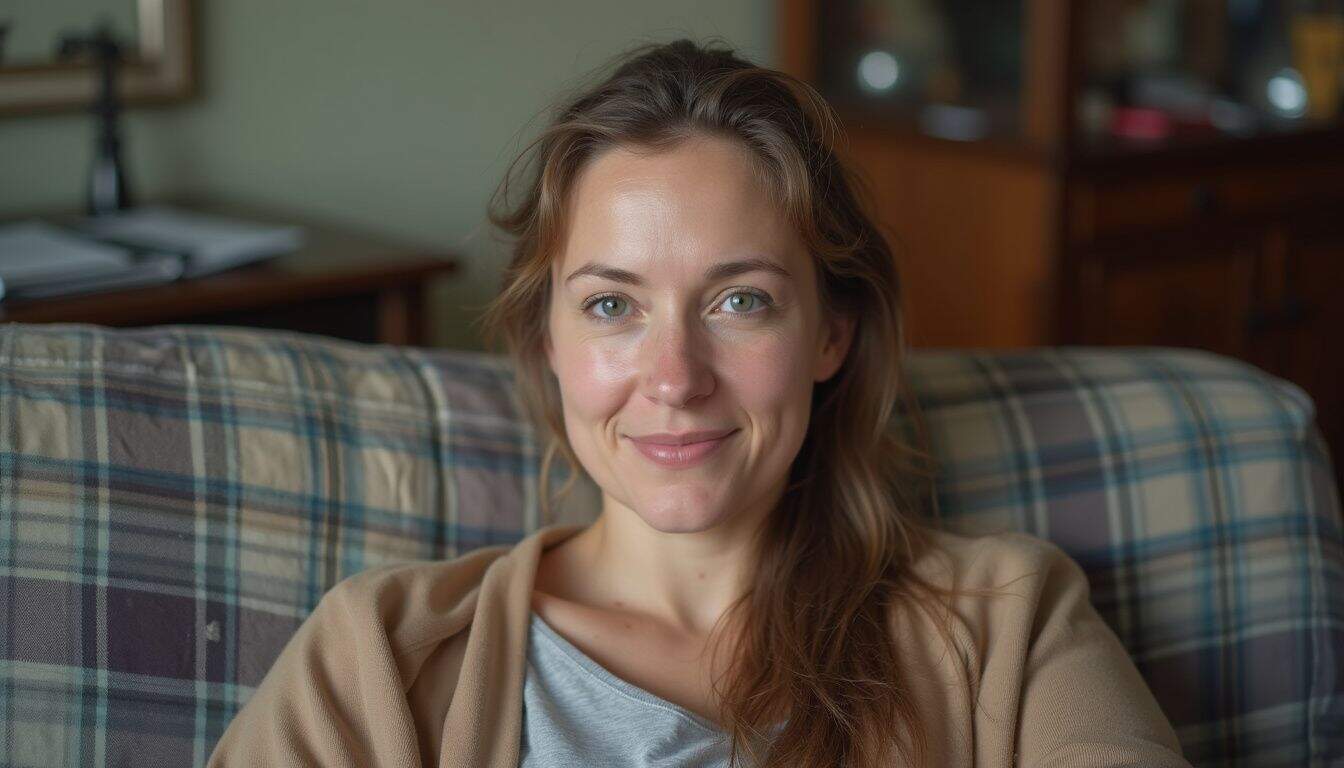 A woman in her 30s sits casually on a worn plaid couch in a cozy, lived-in living room. Relaxed woman sitting on a plaid sofa in a cozy living room with warm lighting and a friendly smile.