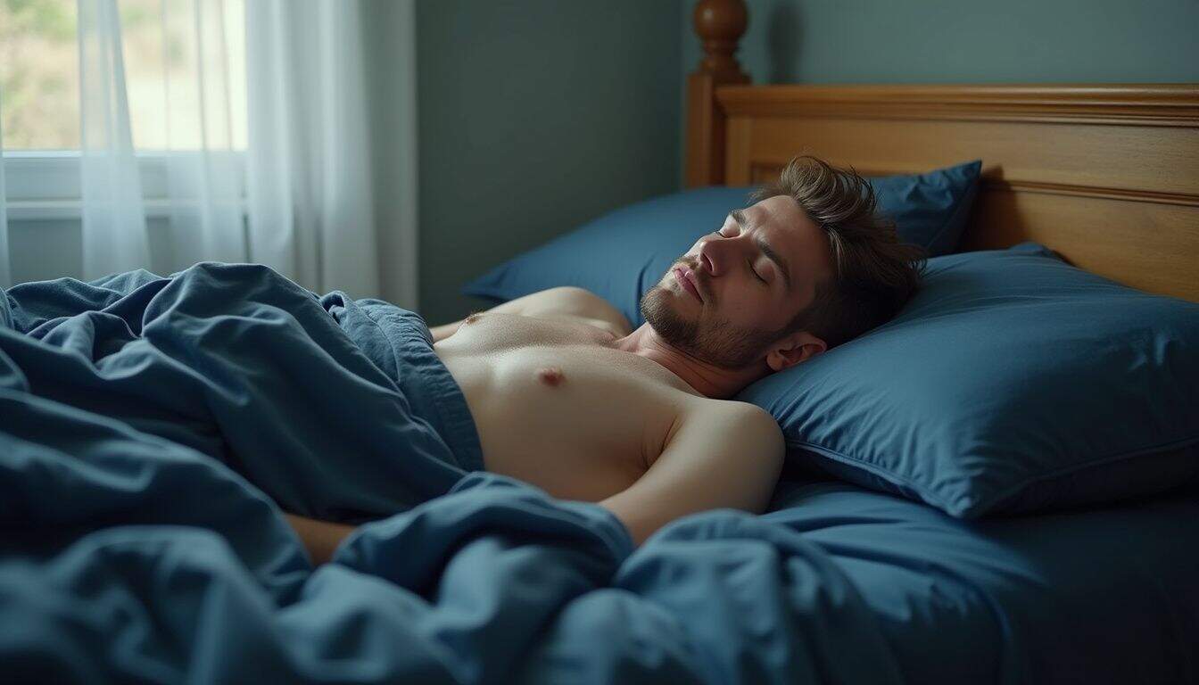 A man in his 30s peacefully sleeps on a rumpled bed in a lived-in bedroom. Men sleeping peacefully in bed, resting and relaxing in a cozy bedroom setting, highlighting men's health and sleep wellness.