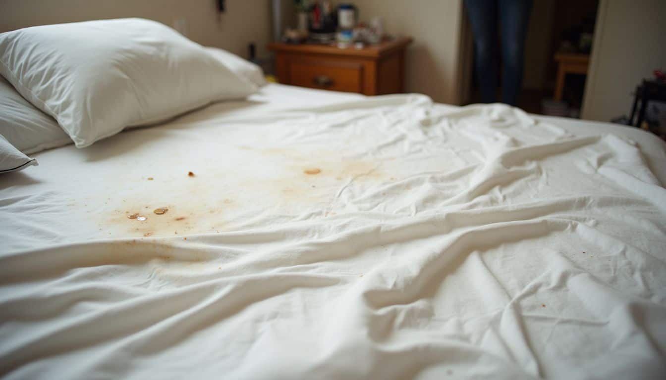 A messy bedroom features a stained white bedsheet and scattered items, portraying a candid, everyday moment. The bed with stained sheets and cups, indicating a cluttered or messy bedroom environment.