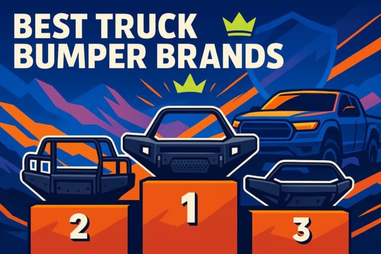 High-performance truck bumpers award winners for best truck bumper brands, showcased on a winners' podium with vibrant graphic design featuring trucks and mountain background.