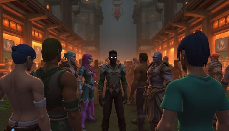 Futuristic video game characters gather in a detailed arena with vibrant, glowing backgrounds and diverse fantasy designs.