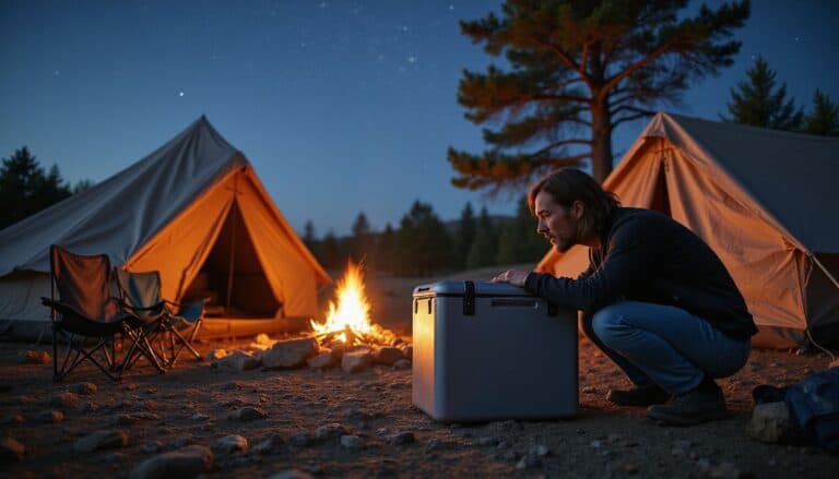 A man crouching by a cooler near a campfire at night, with tents and trees in the background, enjoying outdoor camping under a starry sky.