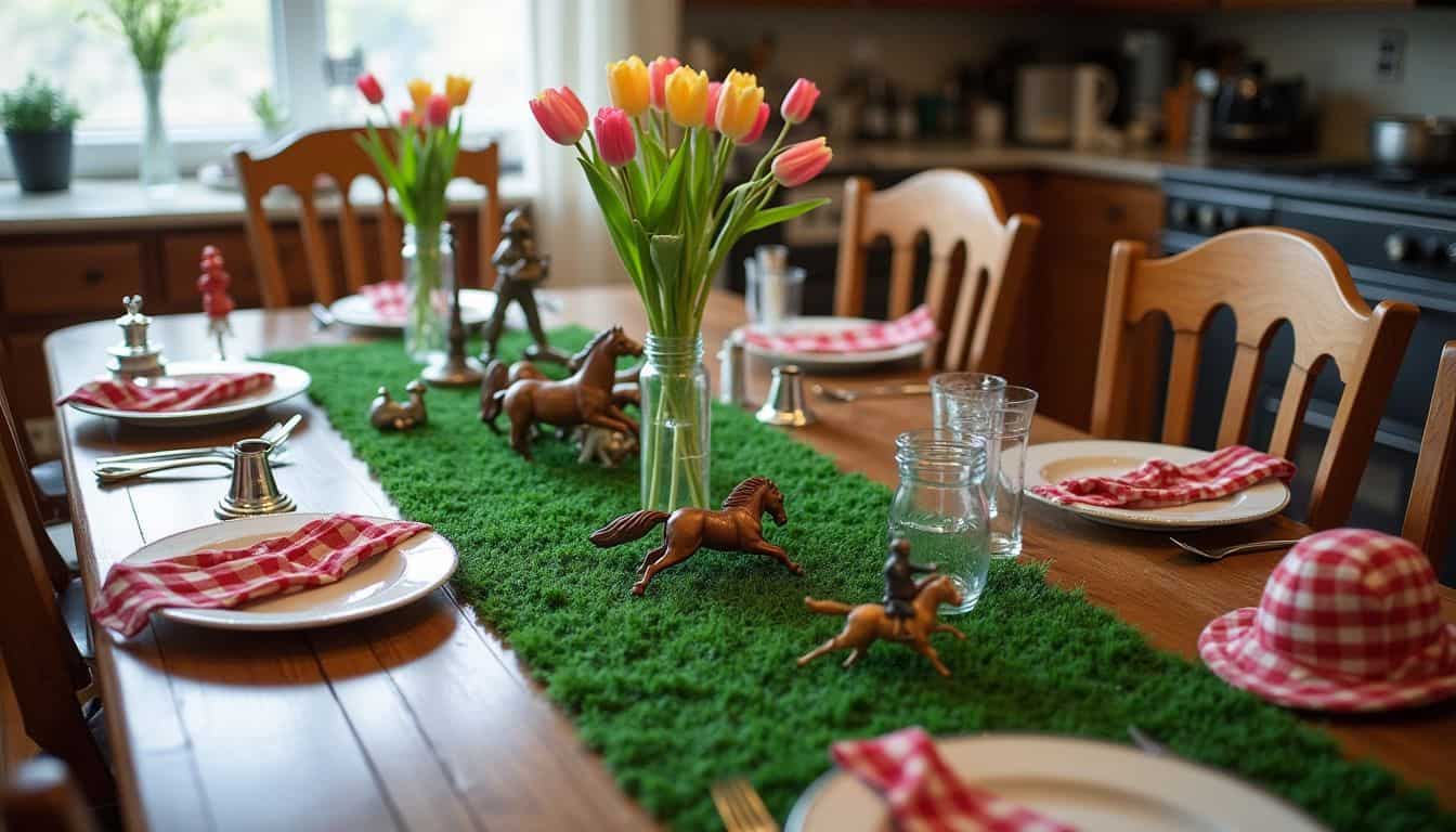 A cluttered kitchen table displays horse racing memorabilia, tulips, and casual decor for a relaxed gathering. Vase of pink and yellow tulips on a decorated dining table with miniature horse figurines, glass pitchers, and red checkered napkins in a cozy kitchen setting.