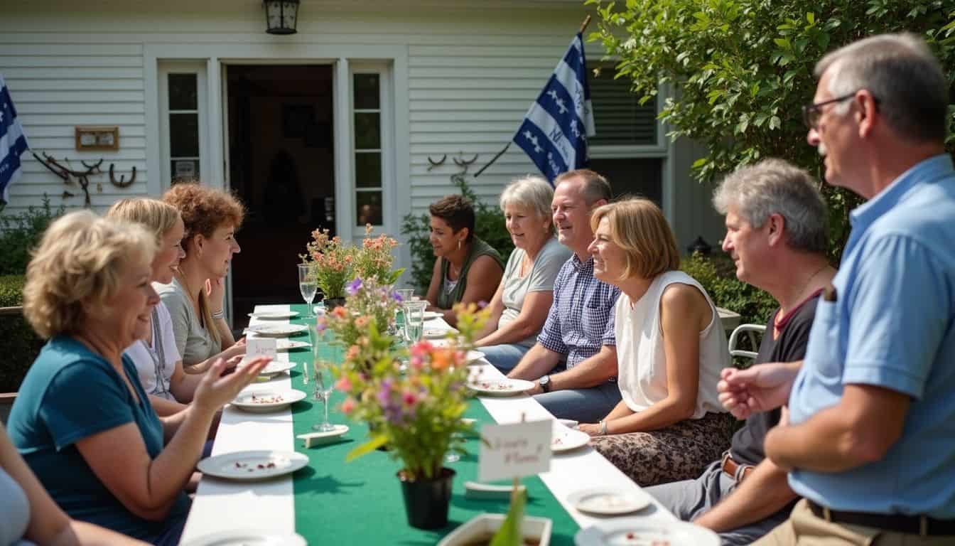 A casual backyard gathering features Kentucky decorations, Derby Pie, and relaxed conversations among guests. A group of people enjoying a backyard outdoor dinner party around a long table with colorful flowers, white plates, and drinks on a sunny day, showcasing community and family gathering.