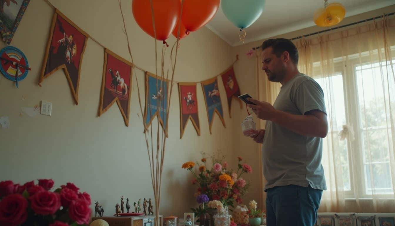 A man in casual attire prepares a Kentucky Derby party in a cozy, decorated living room. Celebrating birthday with colorful balloons, flowers, and festive decorations in a cozy, well-lit living room. Man enjoying his special day surrounded by cheerful party elements.