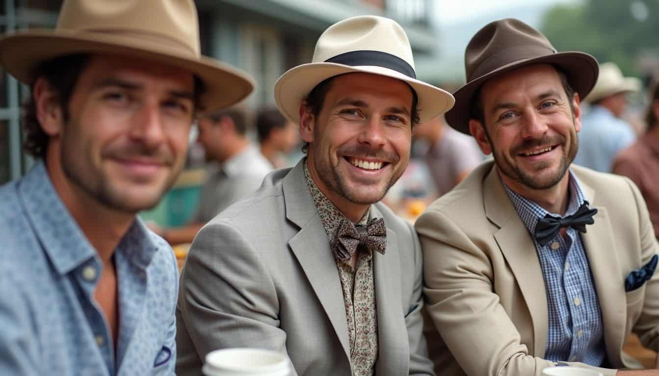 A group of casually dressed men enjoying a spontaneous moment at a bustling horse racing event. Smiling men in stylish suits and hats at an outdoor event, showcasing men's fashion, casual elegance, and social gatherings, fitting for lifestyle and men's style content.